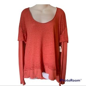 Free People Long Sleeve Top Tee Layered Look Coral Size Small New NWT